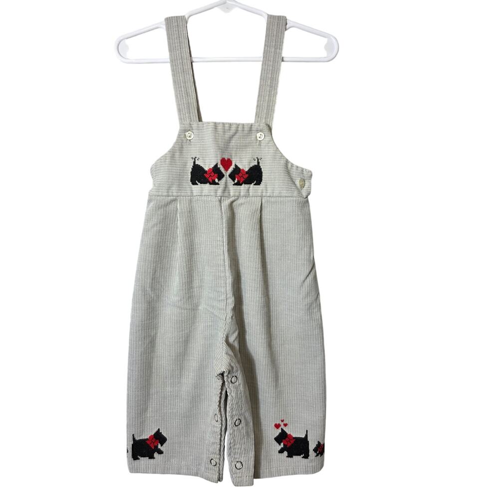 VTG Gray Corduroy overalls embroidered w/little black Scotties and hearts 12mo